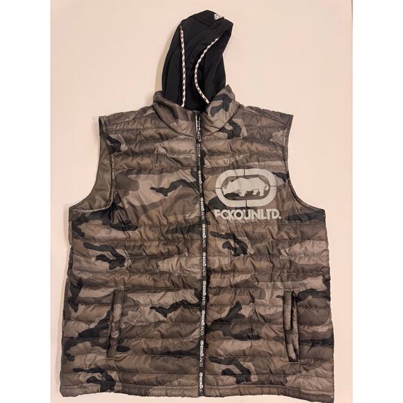 Men's Ecko Unltd Hooded Puffer Vest Full Zip Camouflage Logo Size 2XL Green - Picture 1 of 11